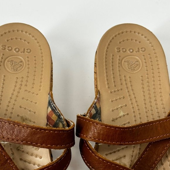 Crocs Sandals Brown Leather A-Leigh Cork Low Wedge Size 8 Slip On - Picture 10 of 11